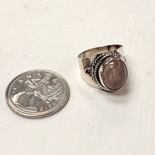 Silver Oval Masculine Style Rose Quartz Ring Size 6