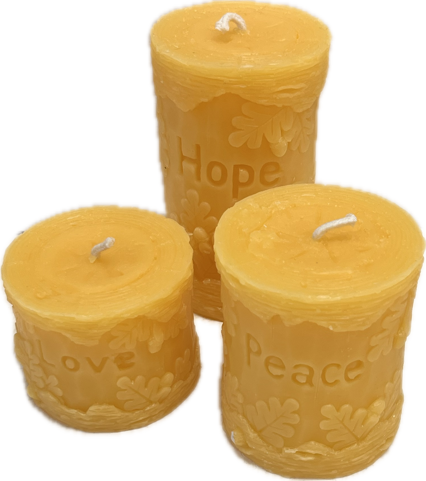Woodland Engraved Beeswax Pillars - Hope, Peace, Love