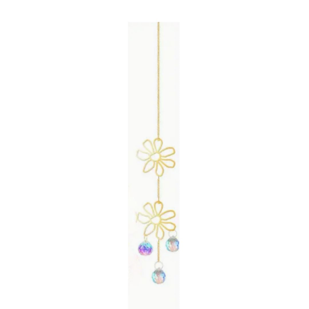 Suncatcher, Two Daisy Flowers/Three Hanging Prisms, Golden