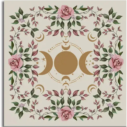 Altar Cloth, White Background, Roses, Moon Phases