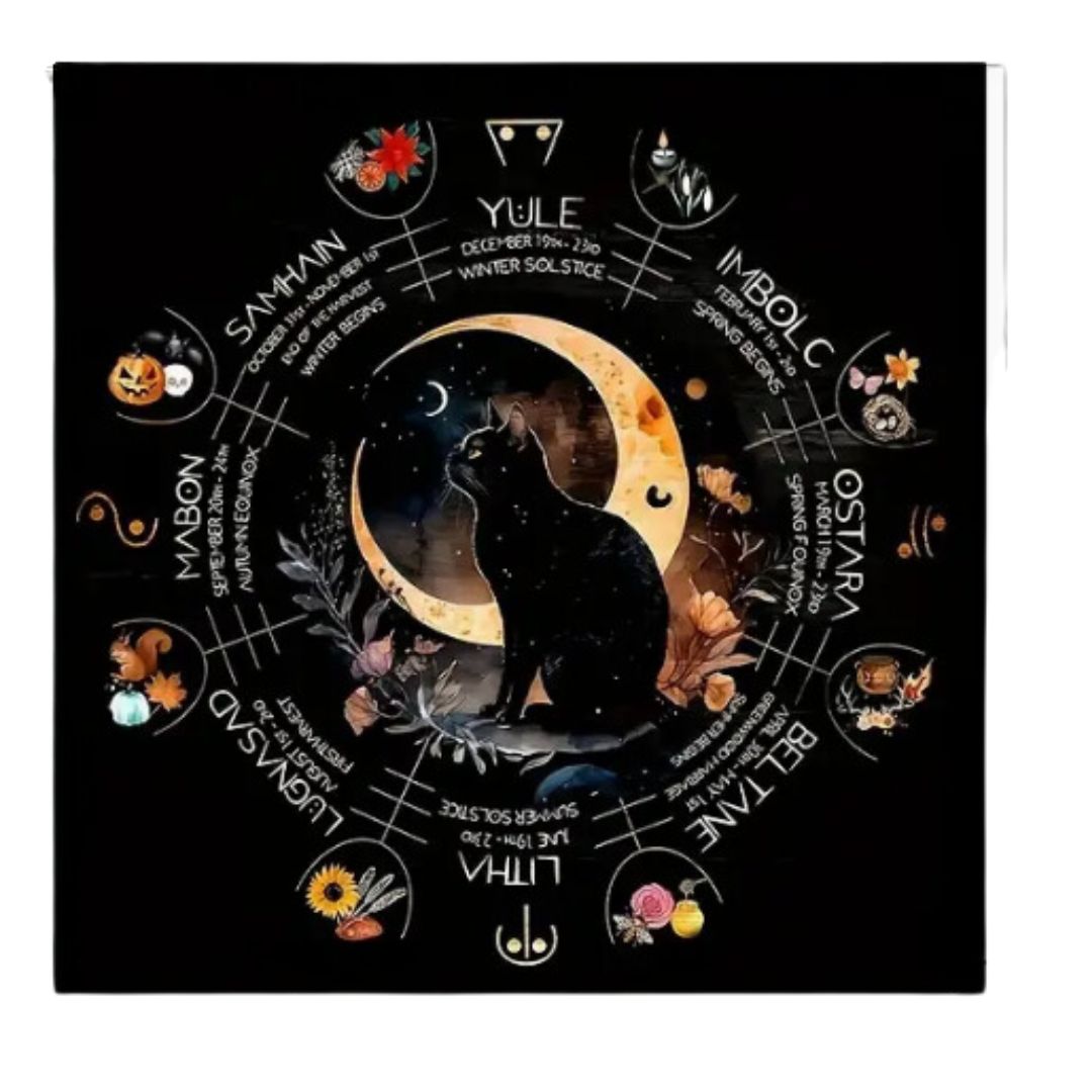 Altar/Tarot Cloth Mystical Cat, Moon Phases and Seasons