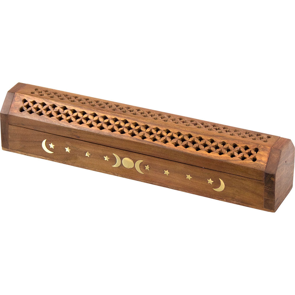 Wood Incense Storage Box, Fretwork with Brass Sky Symbol Inserts