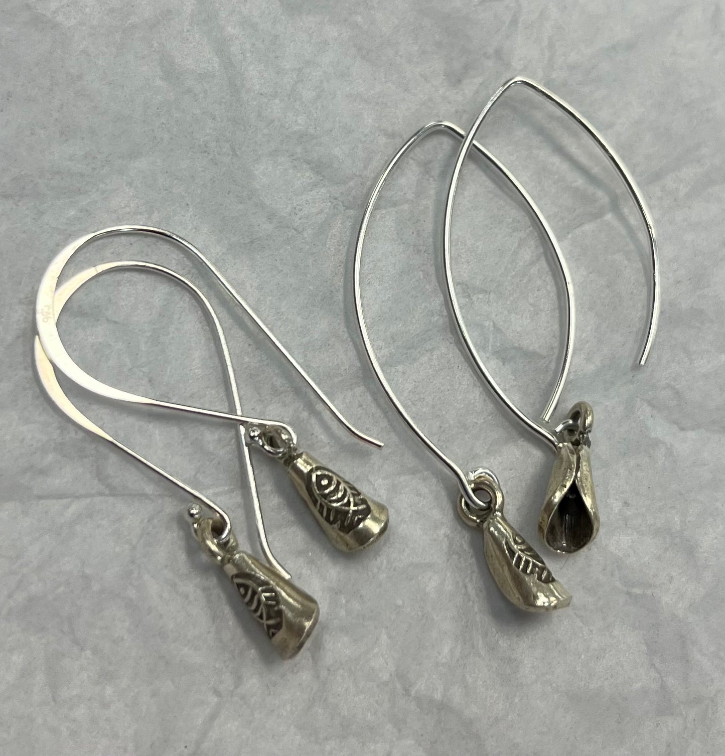 Handcrafted Silver Dangle Earrings with Silver Petal Fish Bead