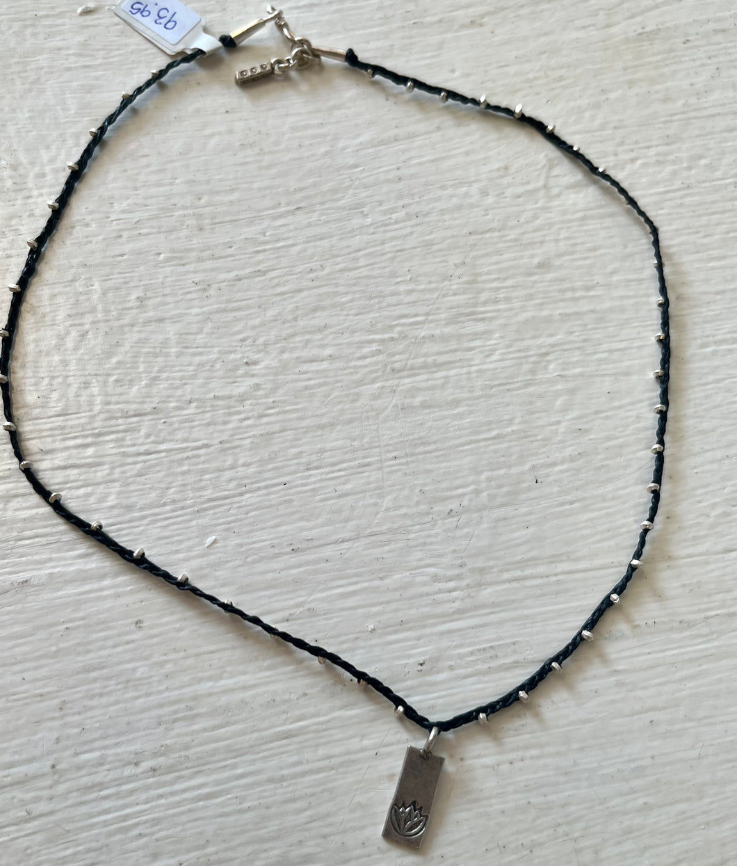 Waxed Cord Necklace with Simple Silver Beading with Lotus Stamp - Handcrafted Karen Tribe Thailand