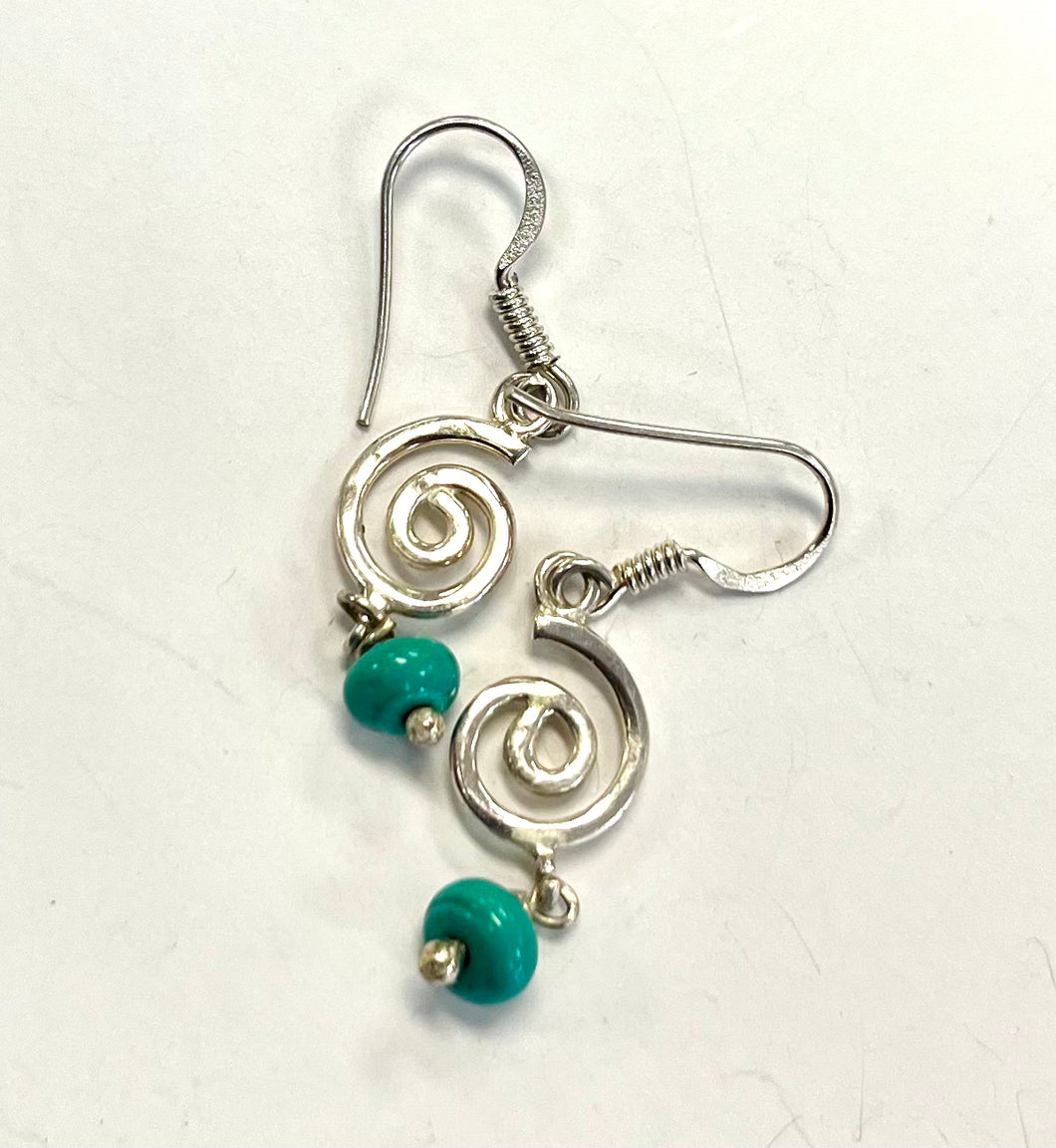 Silver Dangle Spiral Turquoise Coloured Bead Earrings