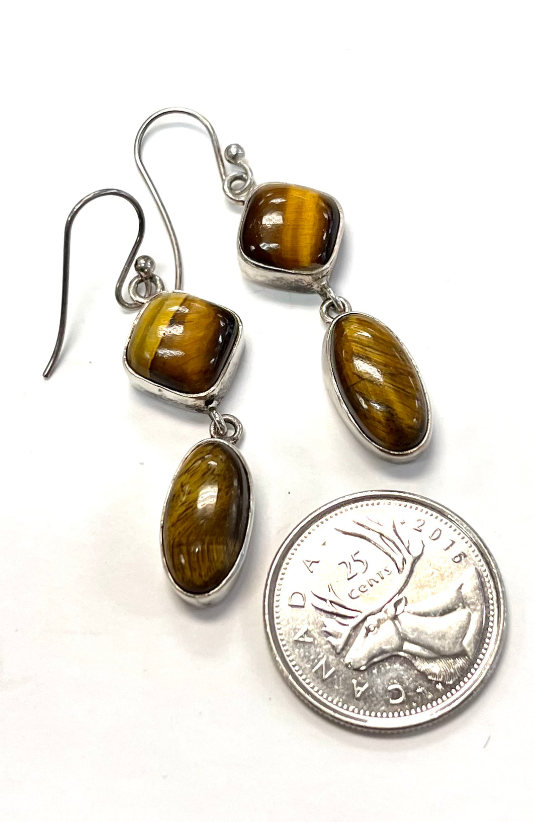 Tiger Eye Earrings Dangle Stacked Two Stones Set in Silver