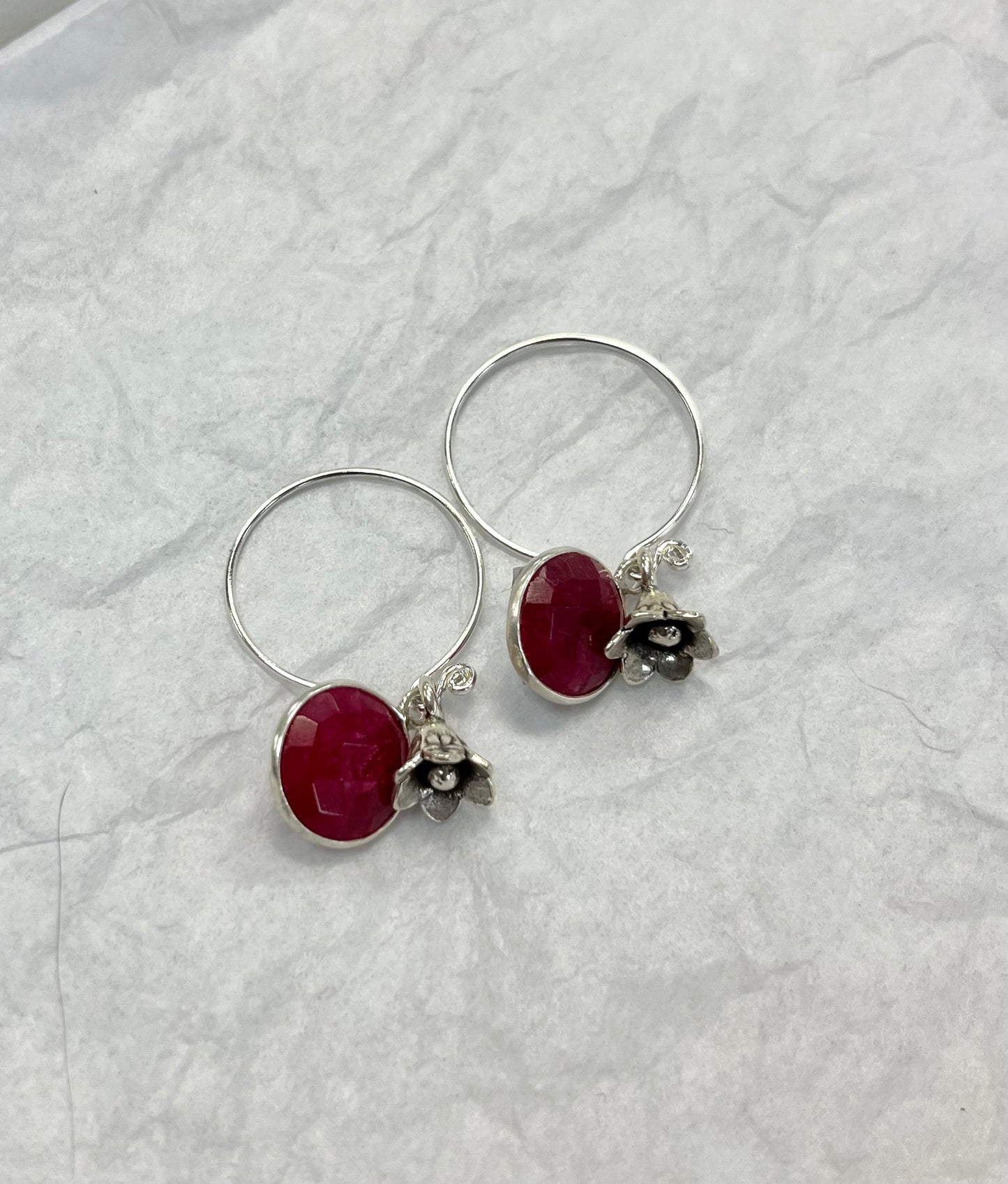 Handcrafted Dangle Silver Earring with Faceted Enhanced Ruby with Silver Flower Bead