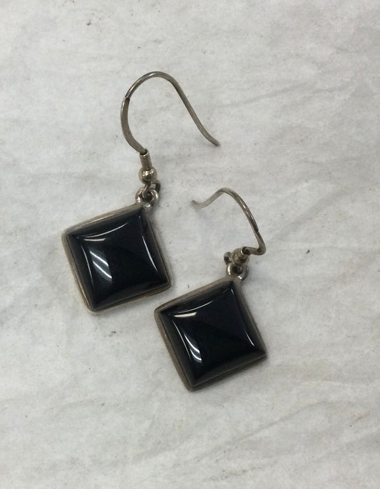 Square Onyx Silver Hook Earrings