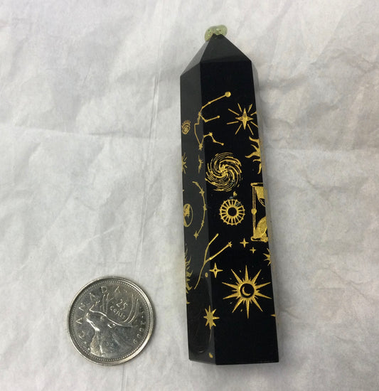 Obsidian Point with Golden Esoteric Symbols 3.5"H