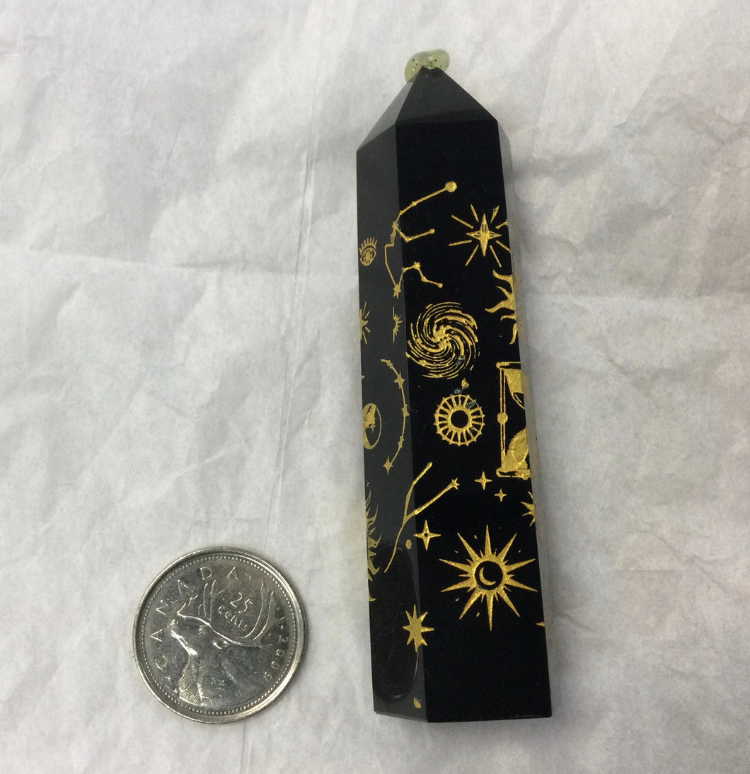 Obsidian Point with Golden Esoteric Symbols 3.5