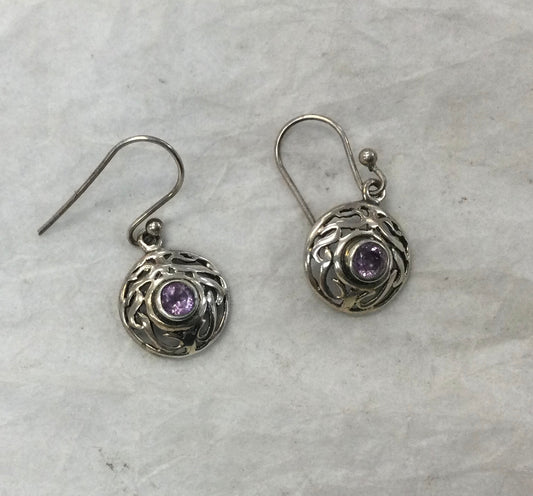 Amethyst Dangling Earring (Round Silver Intricate Framing)