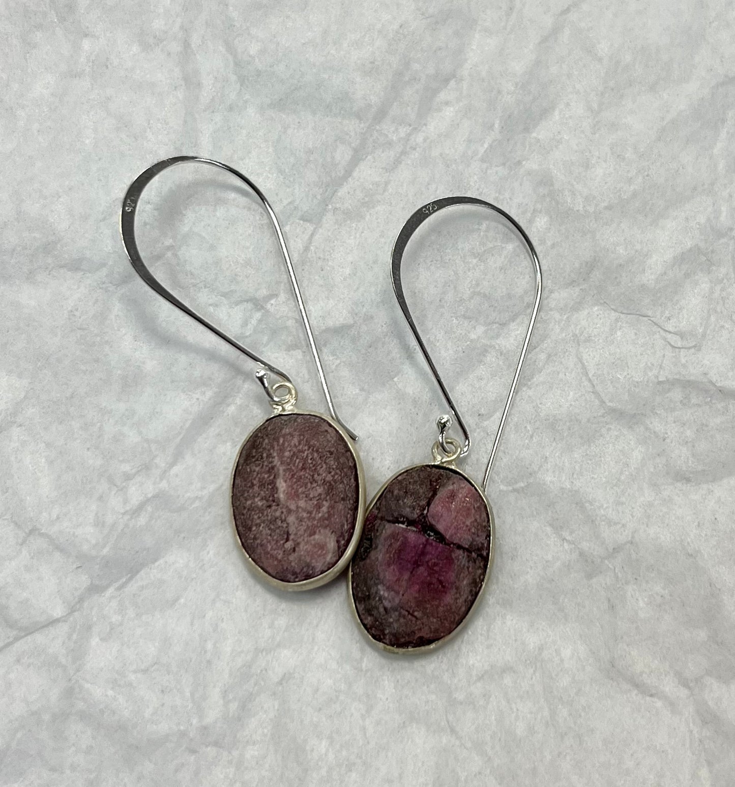 Handcrafted Dangle Silver Earring with Rough Ruby