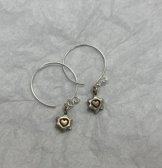 Silver Dangle Hoop Earrings with Silver Star inner Heart Bead