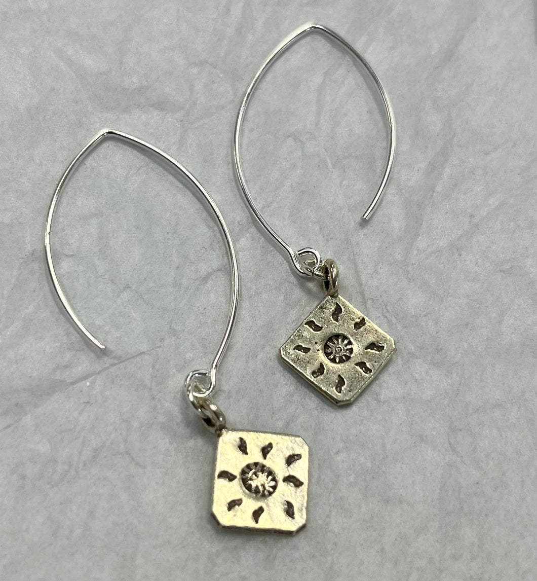 Handcrafted Silver Dangle Earrings with Silver Sun Charm