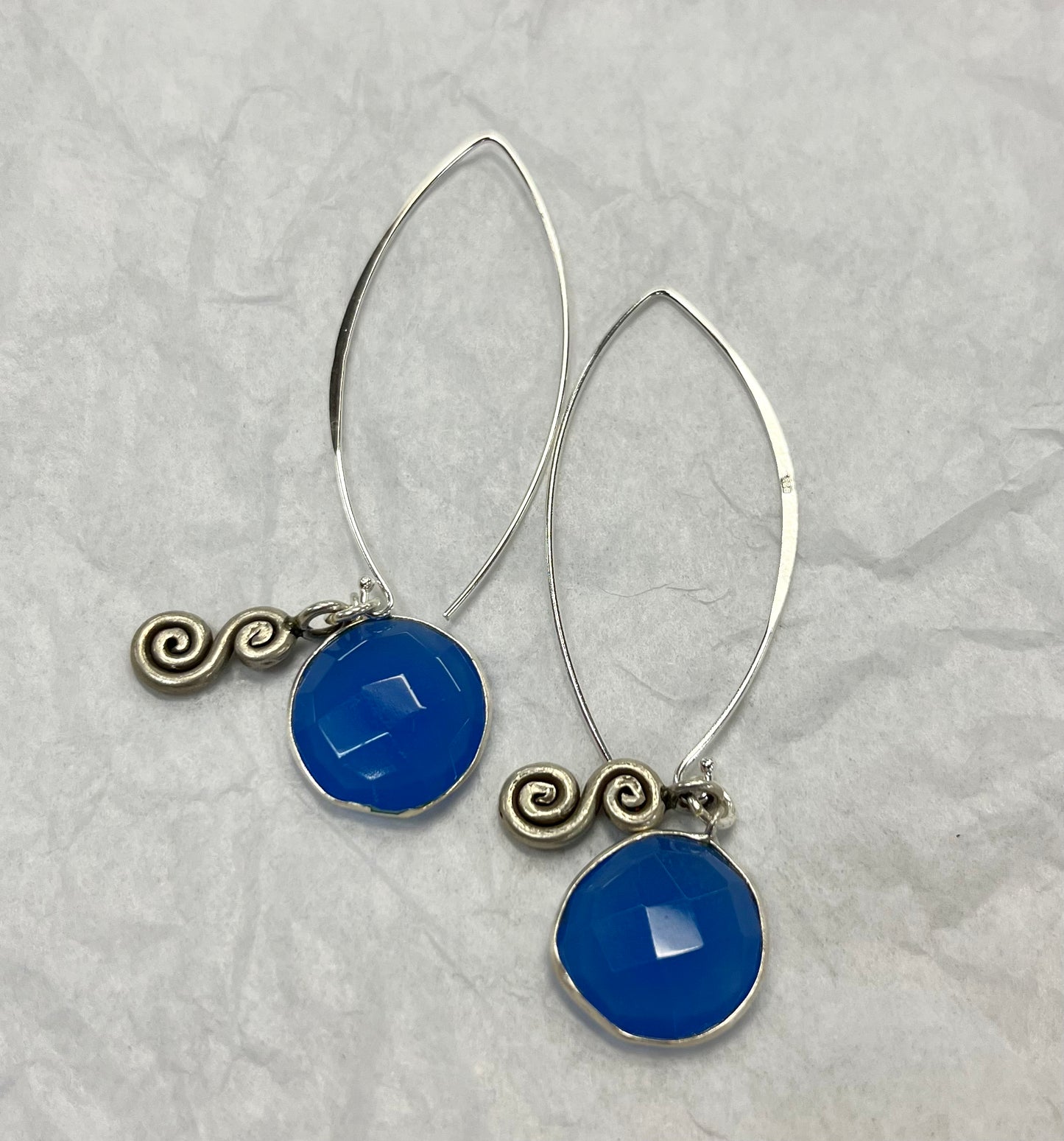 Handcrafted Dangle Silver Earring with Faceted Blue Chalcedony and Silver Spiral Bead