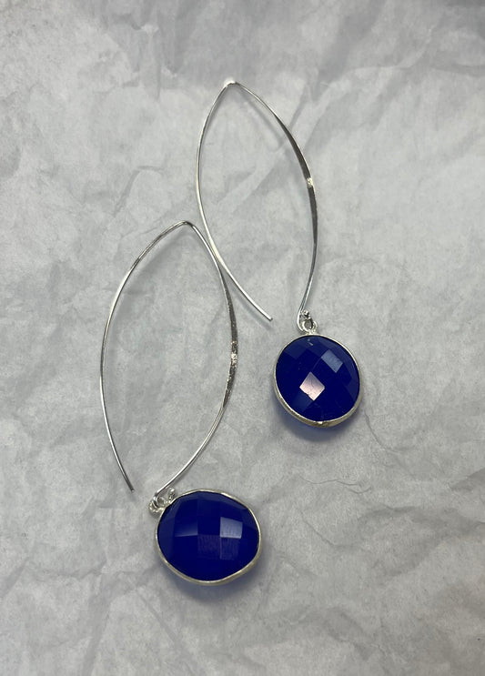 Handcrafted Dangle Silver Earring with Faceted Enhanced Blue Chalcedony