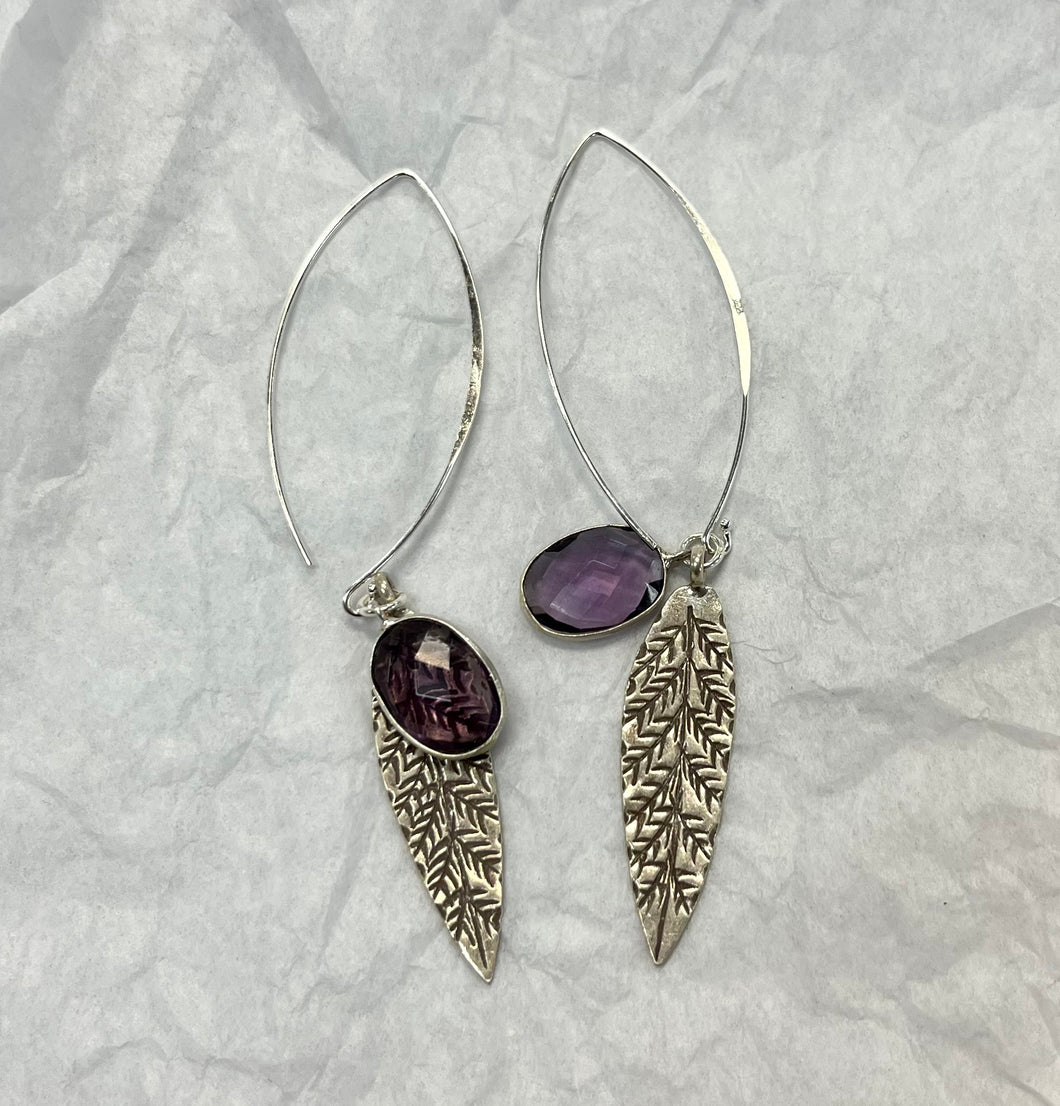 Handcrafted Dangle Silver Earring with Faceted Amethyst with Large Pressed Silver Leaf