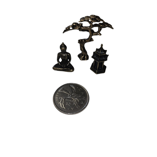 Trio Of Brass Figurines: Tree, Pagoda, Buddha