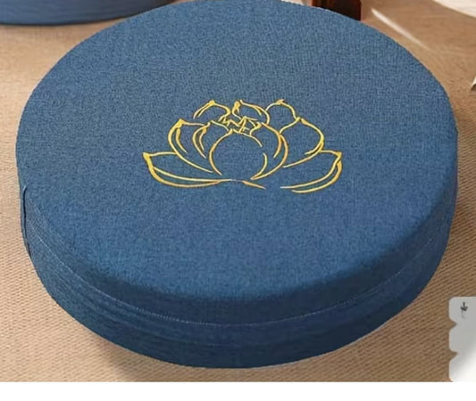 Blue Round 12" Firm Cushion w/ Gold Lotus Embroidery