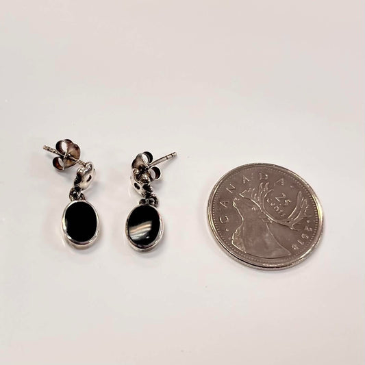 Silver Dangle Onyx Earrings w/ Flower Detailing