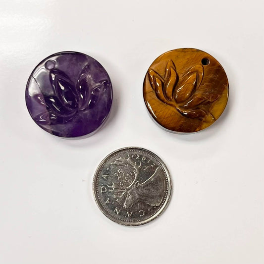 Stone Lotus Carved Pendant Coin 1"