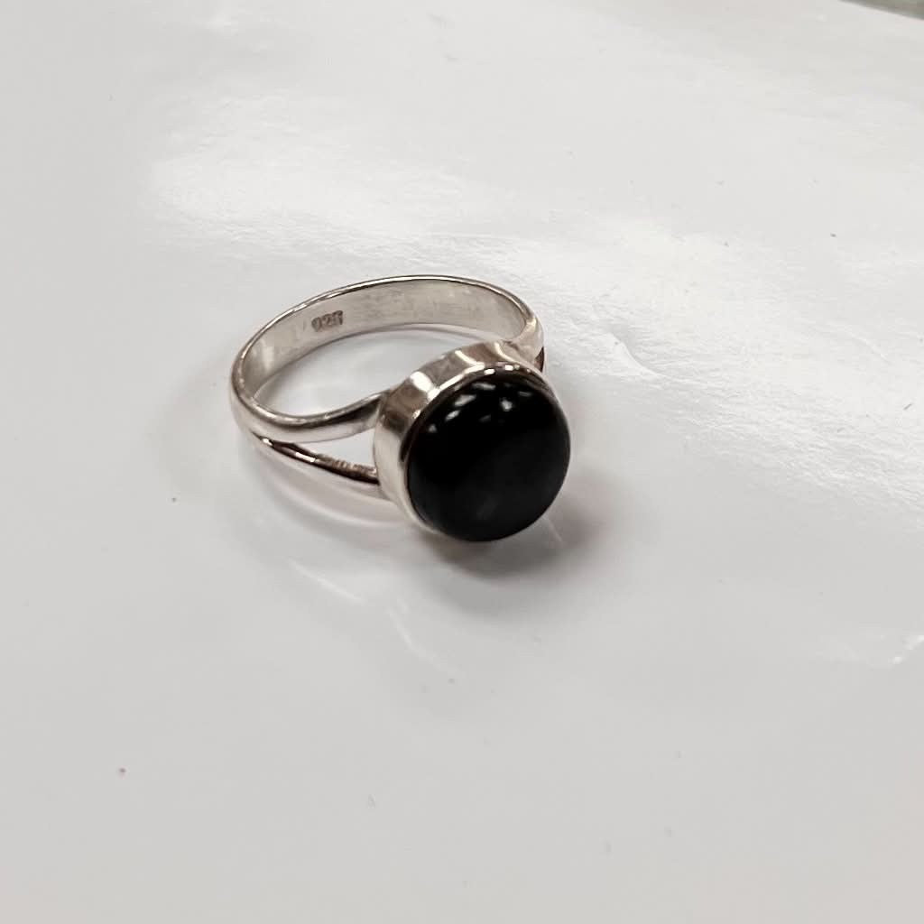 Black Tourmaline Round Ring, Set In Silver, Size 7