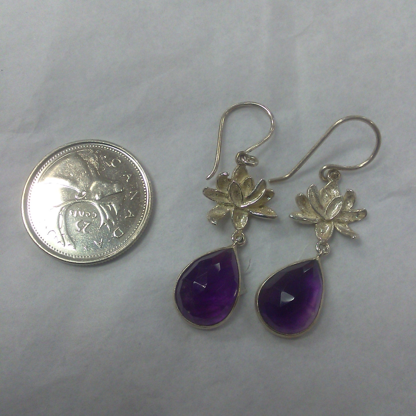 Amethyst tear drop earrings with lotus