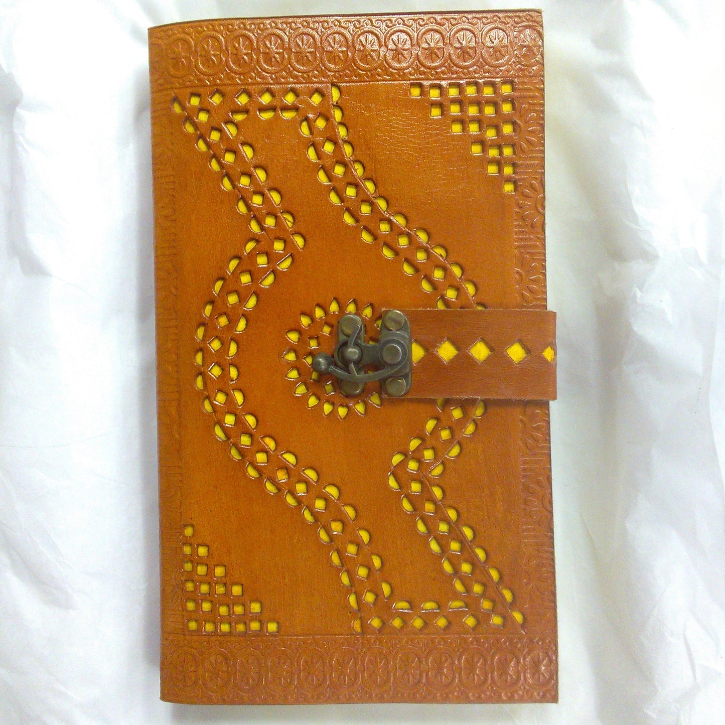 5x9 Light Brown Leather Journal / Notebook, Yellow Details, Latch Fastener