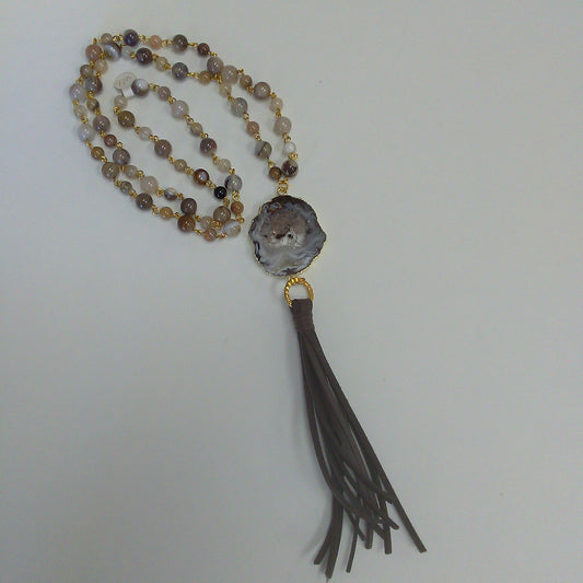 Agate Necklace with Brown Tassle