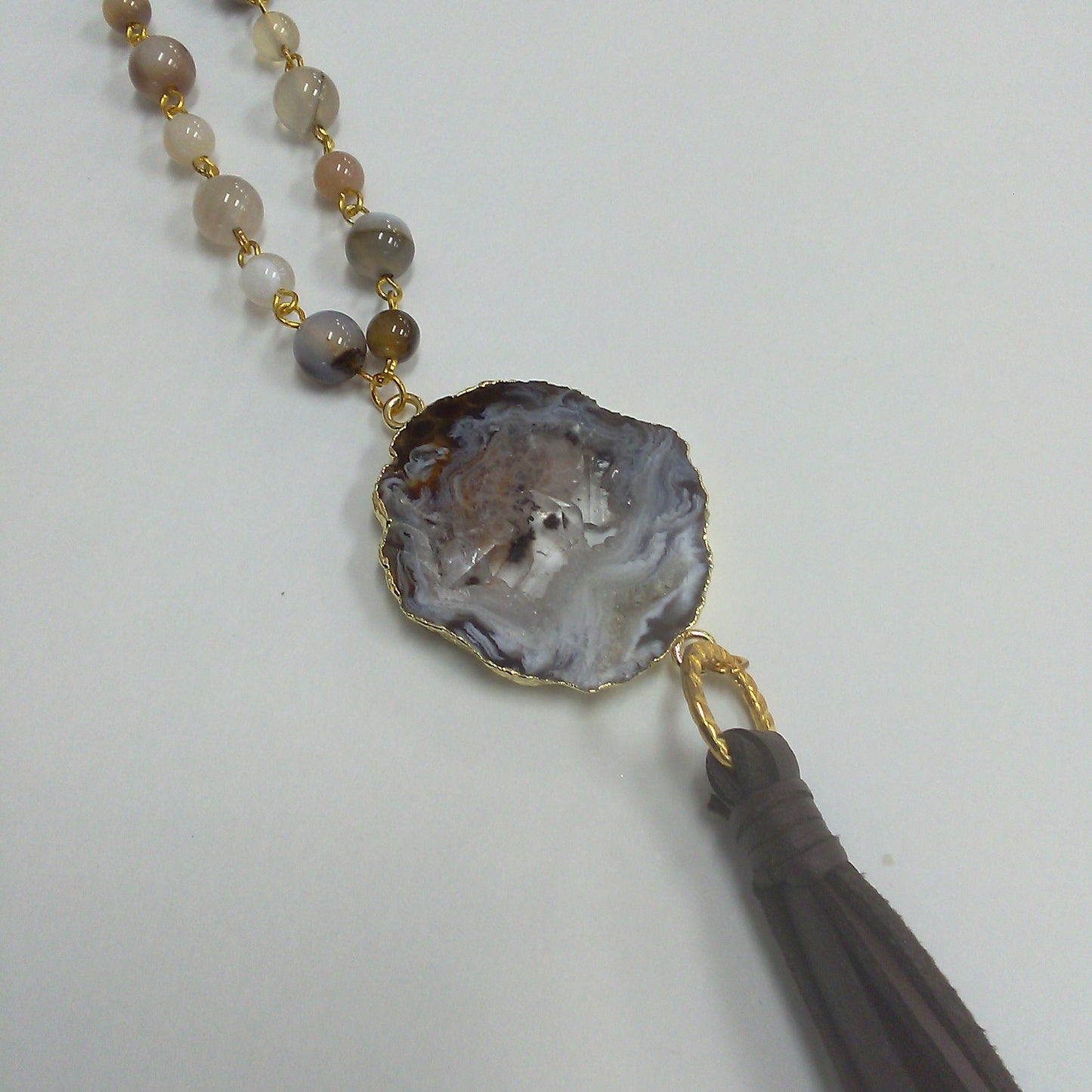 Agate Necklace with Brown Tassle