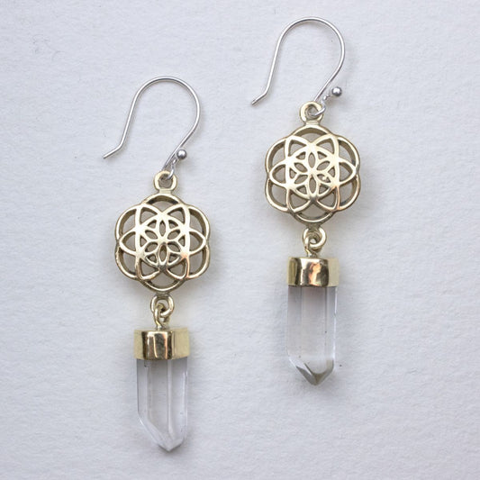 Clear Quartz Seed Flower of Life Dangle Earrings