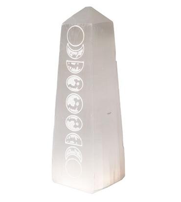 Selenite Engraved Moon Phases Obelisk