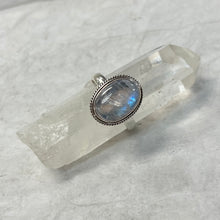Load image into Gallery viewer, Silver Ornate Oval Moonstone Ring size 9
