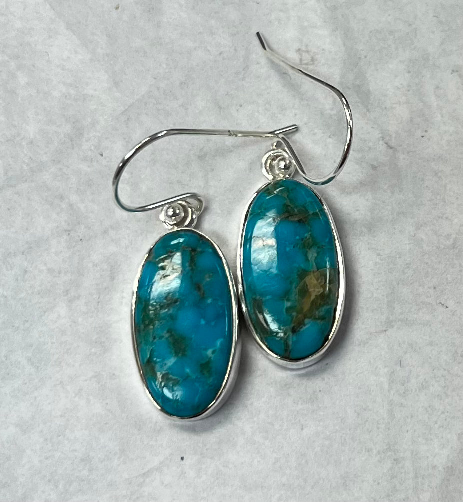 Silver Oval Blue Turquoise Dangle Earrings