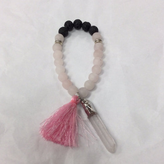 Matte Rose Quartz and Lava Stone Bracelet with Quartz Point and Tassle