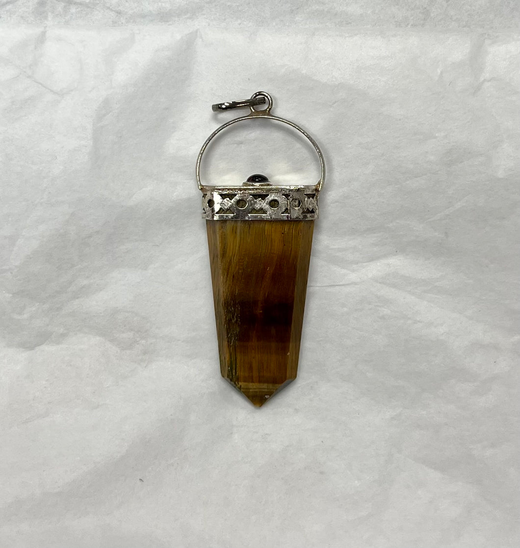 Silver Topped Pointed Tiger Eye Pendant with Amethyst gemstone