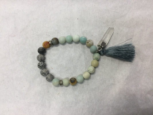 Matte Amazonite and Map Stone Mala Bracelet with Tassle and Quartz Point