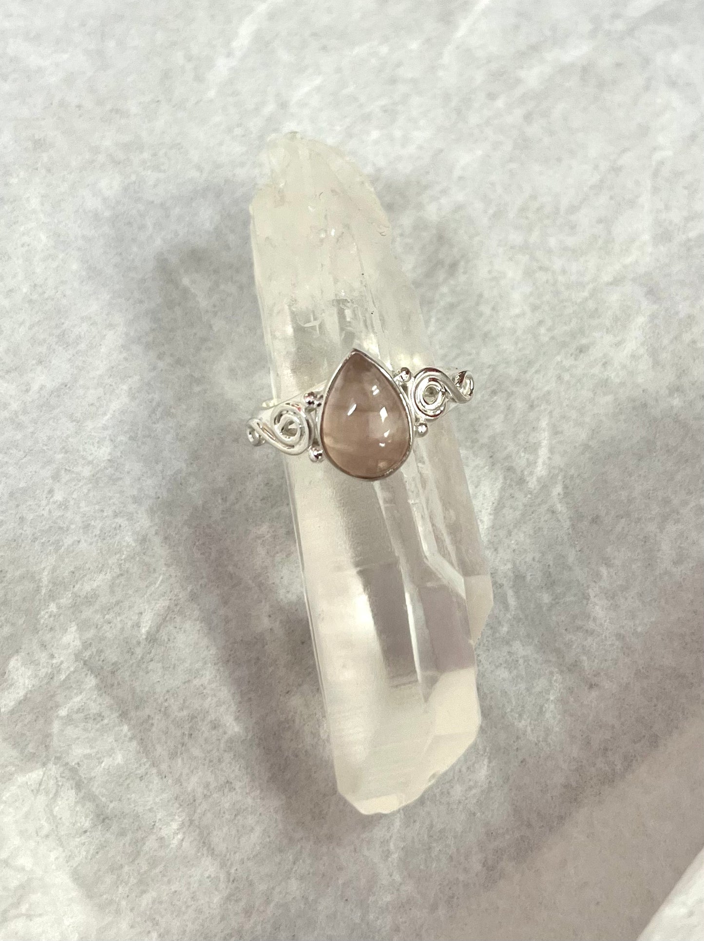 Silver Rose Quartz Ring with Spiral Detailing Size 6