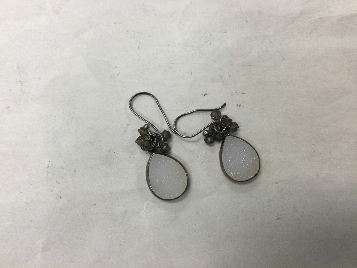 Teardrop Druzy Earrings With Black Metal And Grey Beads