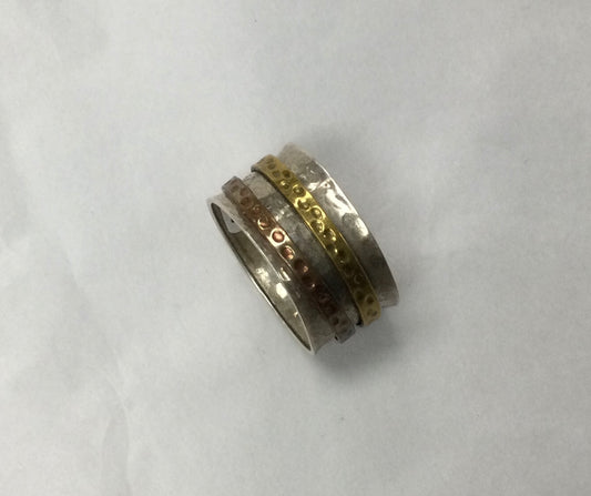 Meditation Ring, Silver Base, Gold and Brass Bands