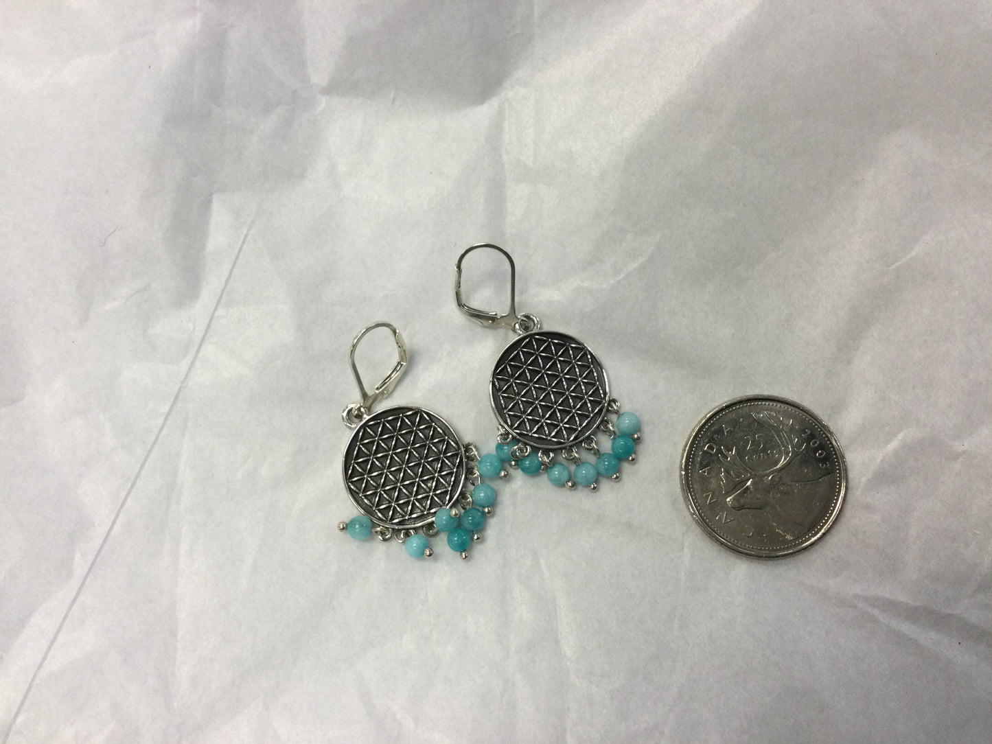 Silver Flower of Life Earrings with Chalcedony Beads