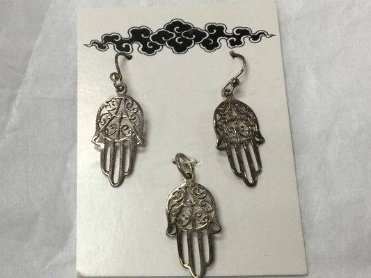 Hamsa Hands Pendant/Earrings Set, Silver