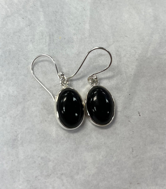 Silver Oval Black Obsidian Dangle Earrings