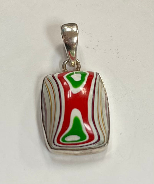 Rectangle Red Center Layered Fordite Pendant in Silver