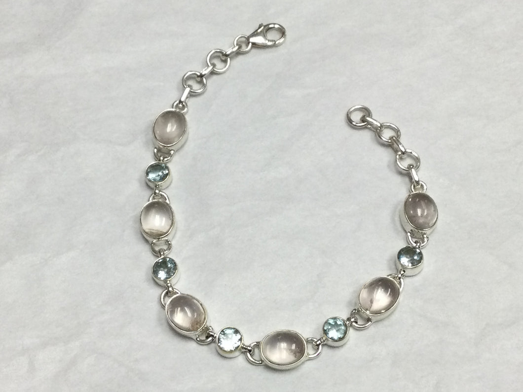 Silver Bracelet w/ Rose Quartz + Topaz