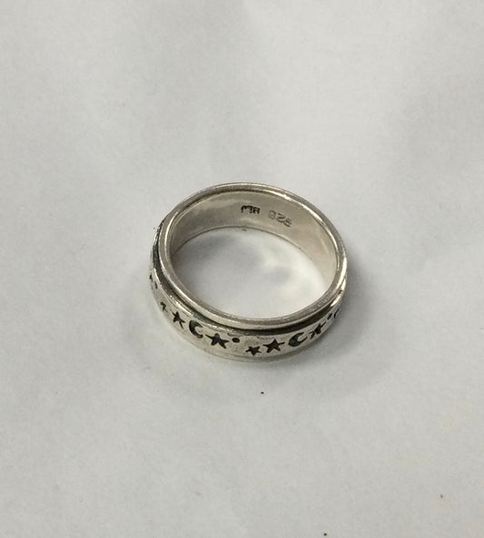 Meditation Ring, Stars and Moon Motif, Silver, Size 8