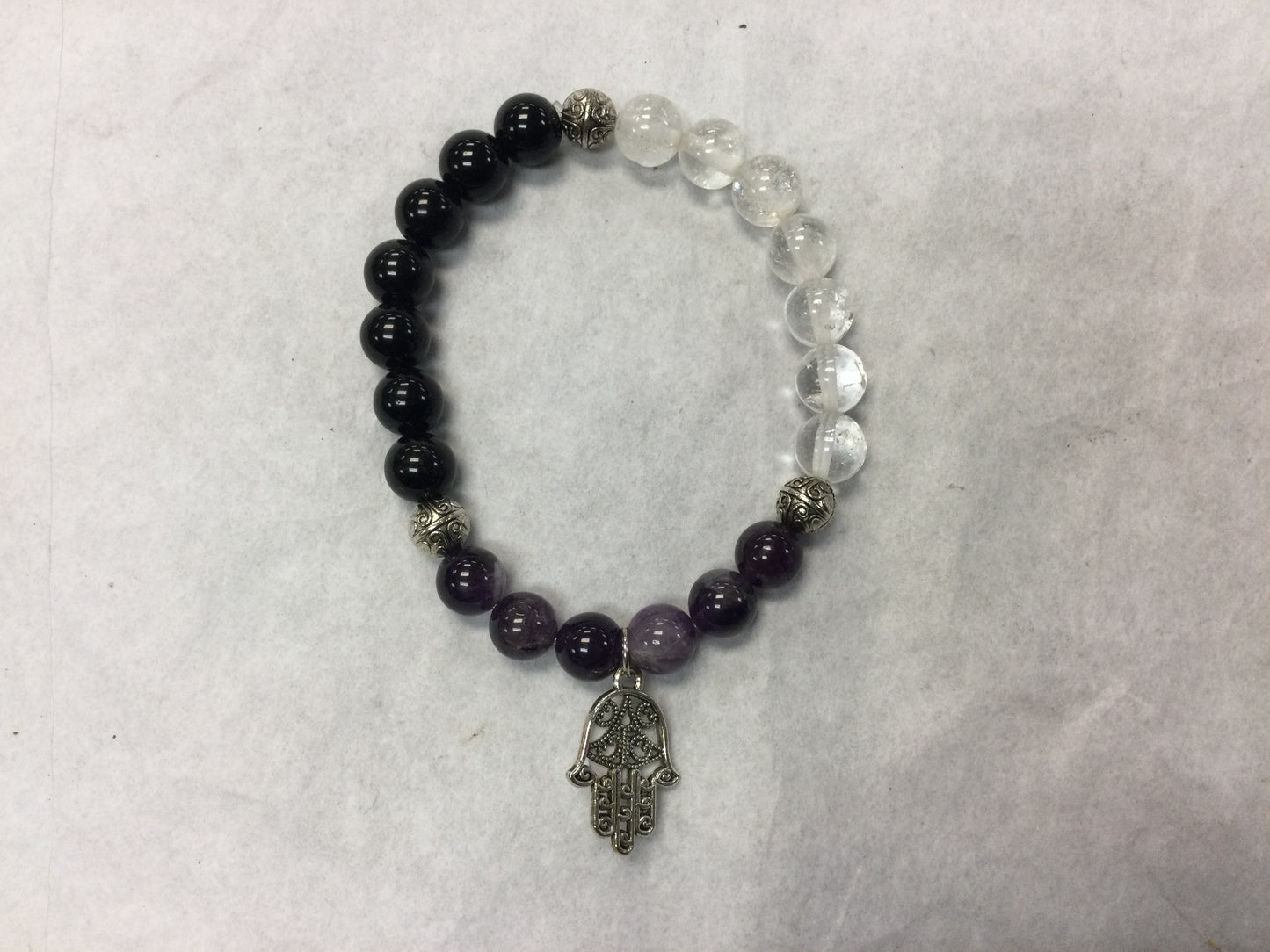 Protection Bracelet - Fatima Charm with Amethyst, Obsidian, and Clear Quartz