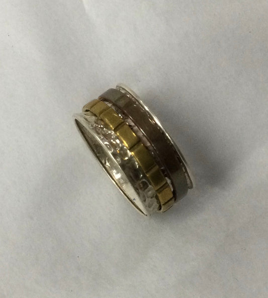 Meditation Ring, Size 9, Silver with Gold Indented Band and Brass Band
