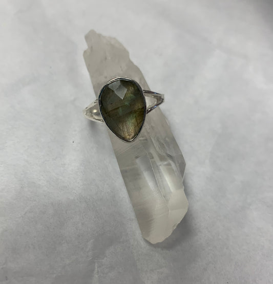 Faceted Tear Drop Labradorite Ring in Silver Size 8