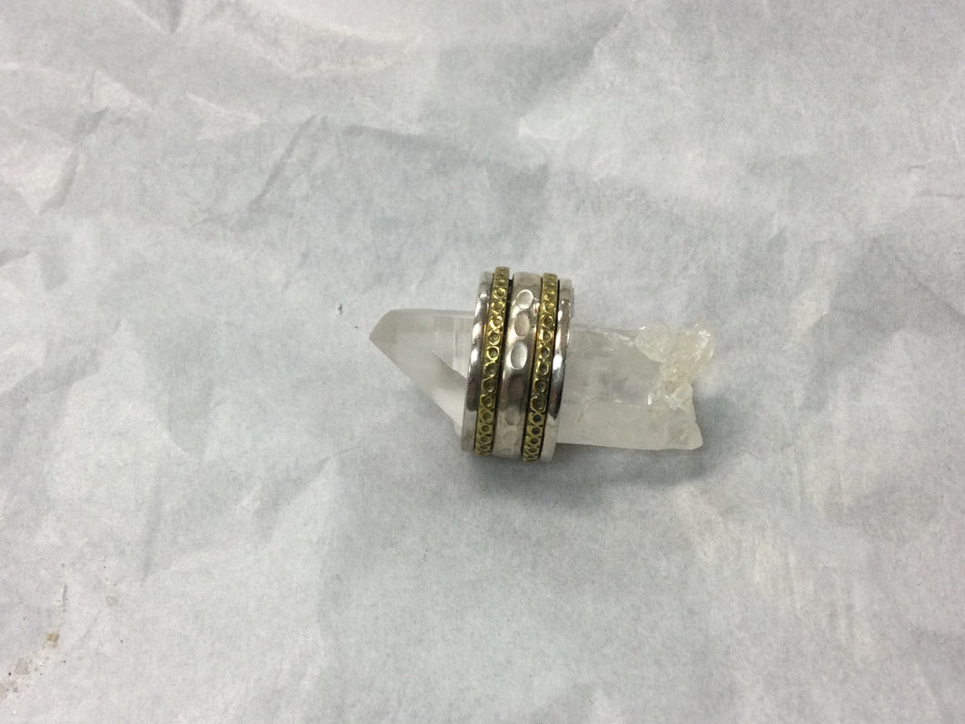 Meditation Ring, Silver with Silver Middle Band and 2 Patterned Gold Band